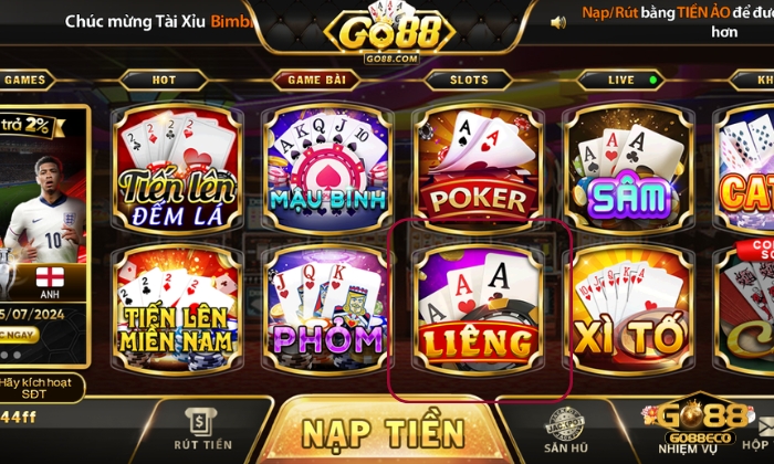 Chọn Liêng trên giao diện chính của KUBET